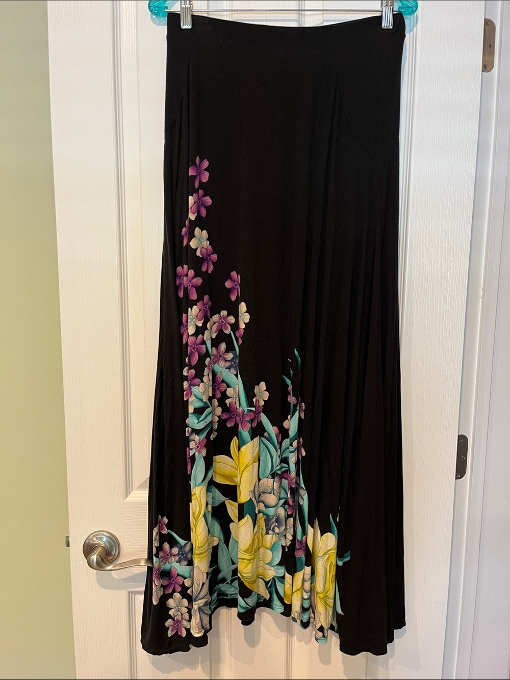Jennifer Lopez Black Maxi Skirt with Yellow, Purple & Teal Floral Print